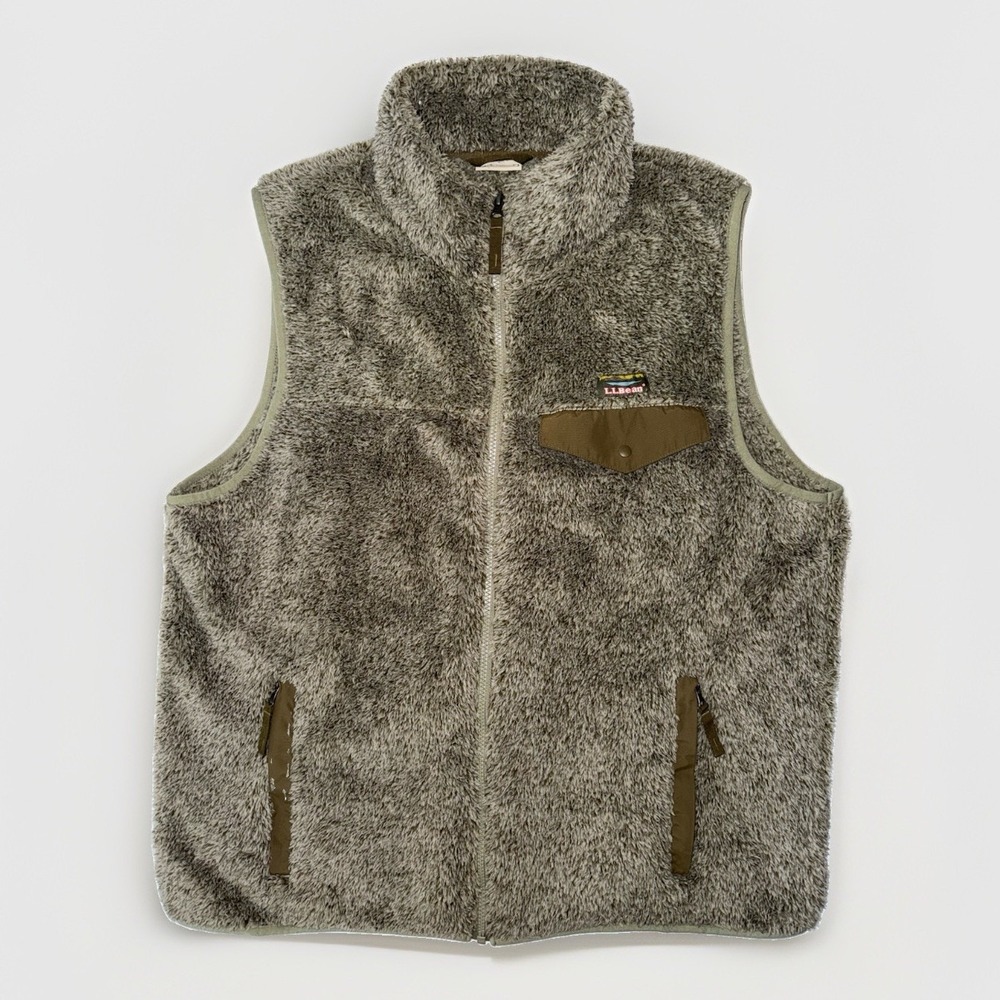 L.L.Bean Men's Mountain Pile Deep Pile Fleece Vest Large L Taupe Brown 508269
